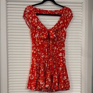 Floral Red Dress with Bow Detail